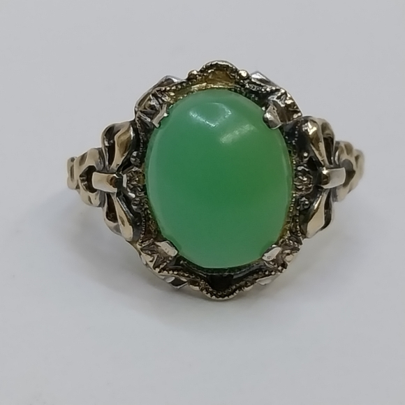 Antique Art Nouveau Clark Cloombs Chrysoprase Cabochon Ring Sterling 10K 5.5 - Picture 5 of 9